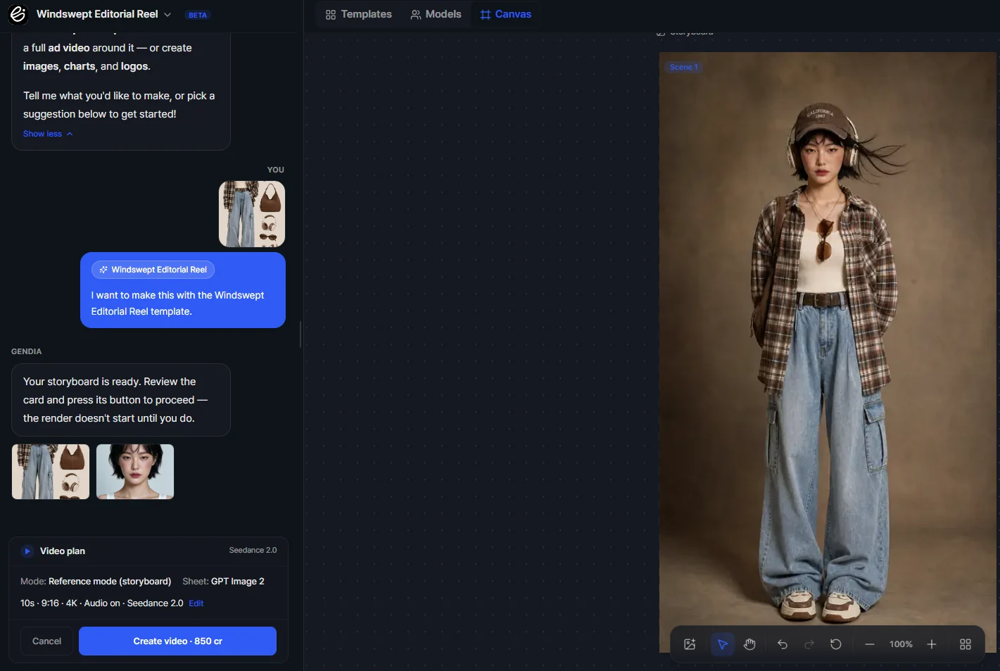 The generated try-on reference frame: the uploaded clothing worn by the chosen model
