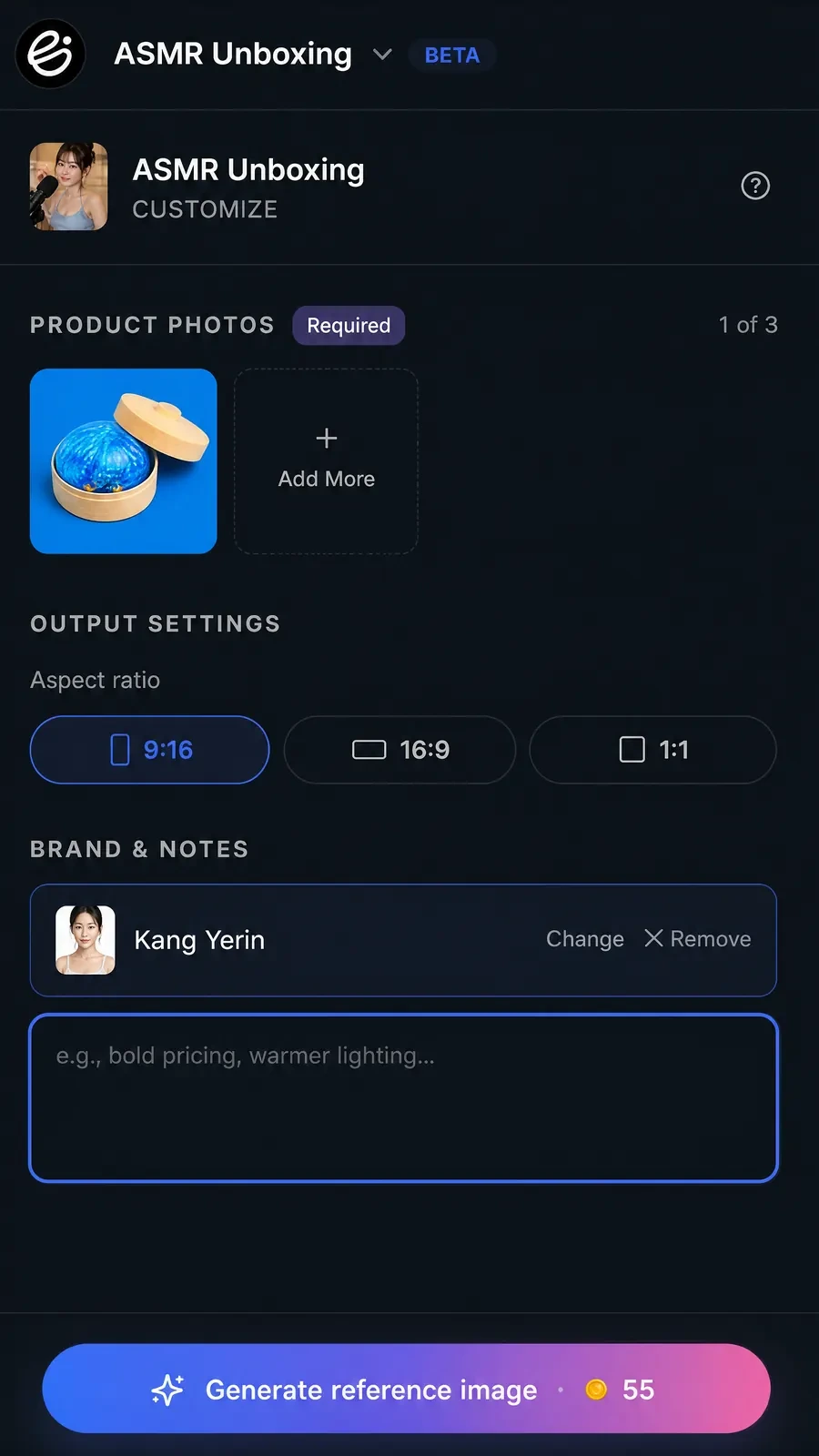 Gendia Canvas UGC / Unboxing template Customize panel