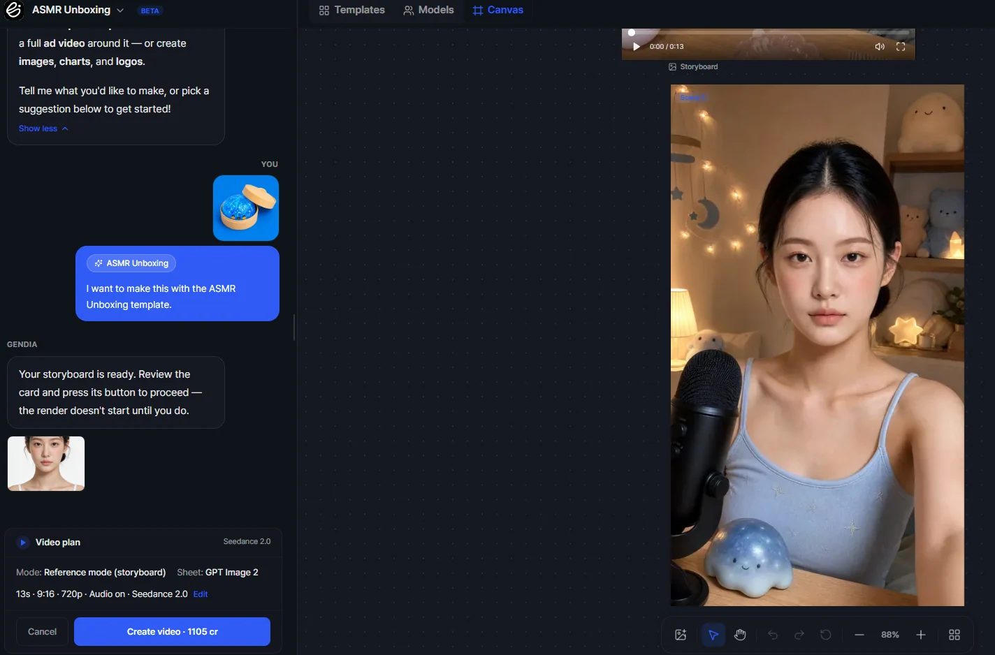 The generated UGC reference frame: a creator-style shot with the product in a real room