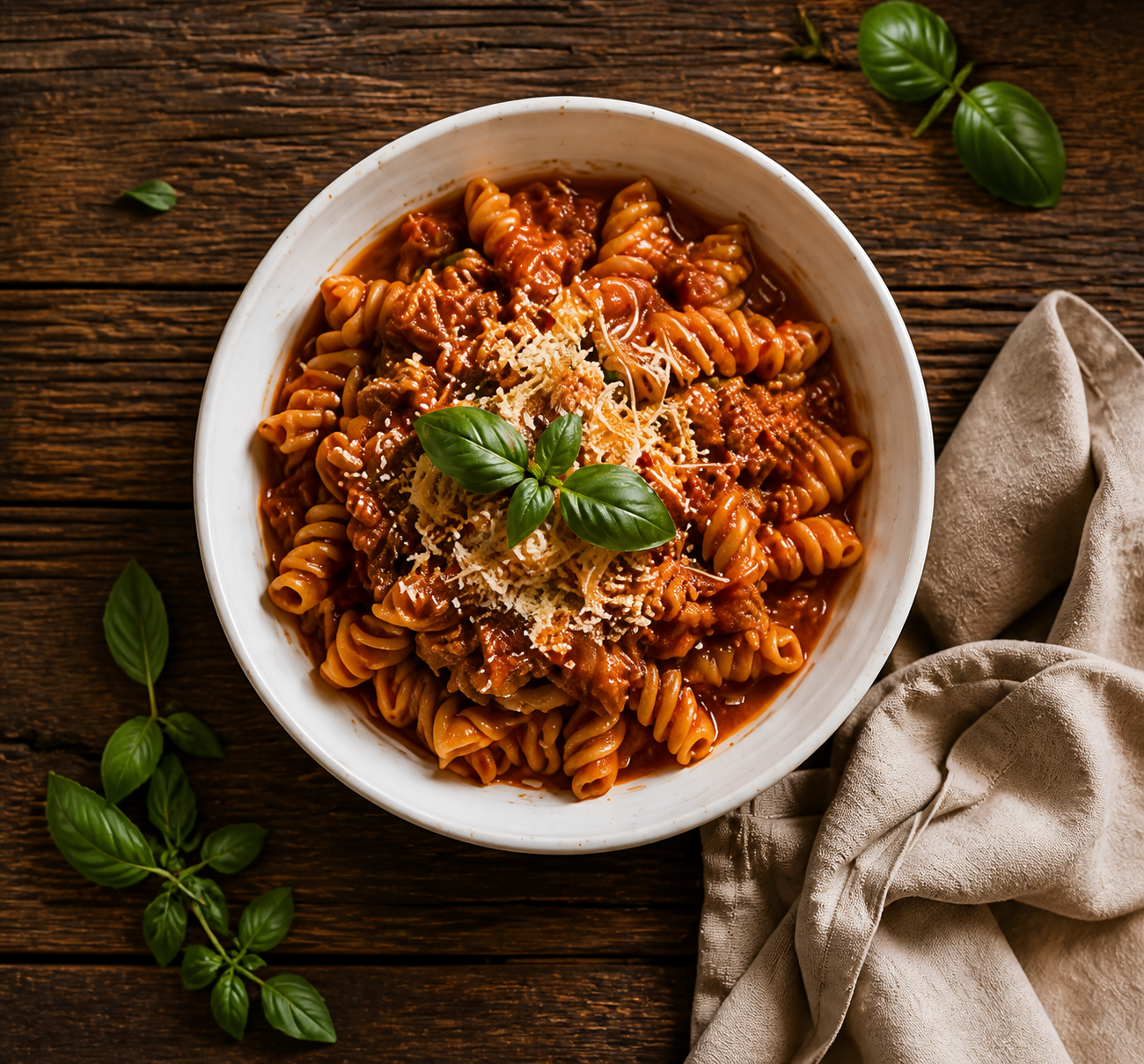 AI top-down overhead food shot, pasta bowl hero