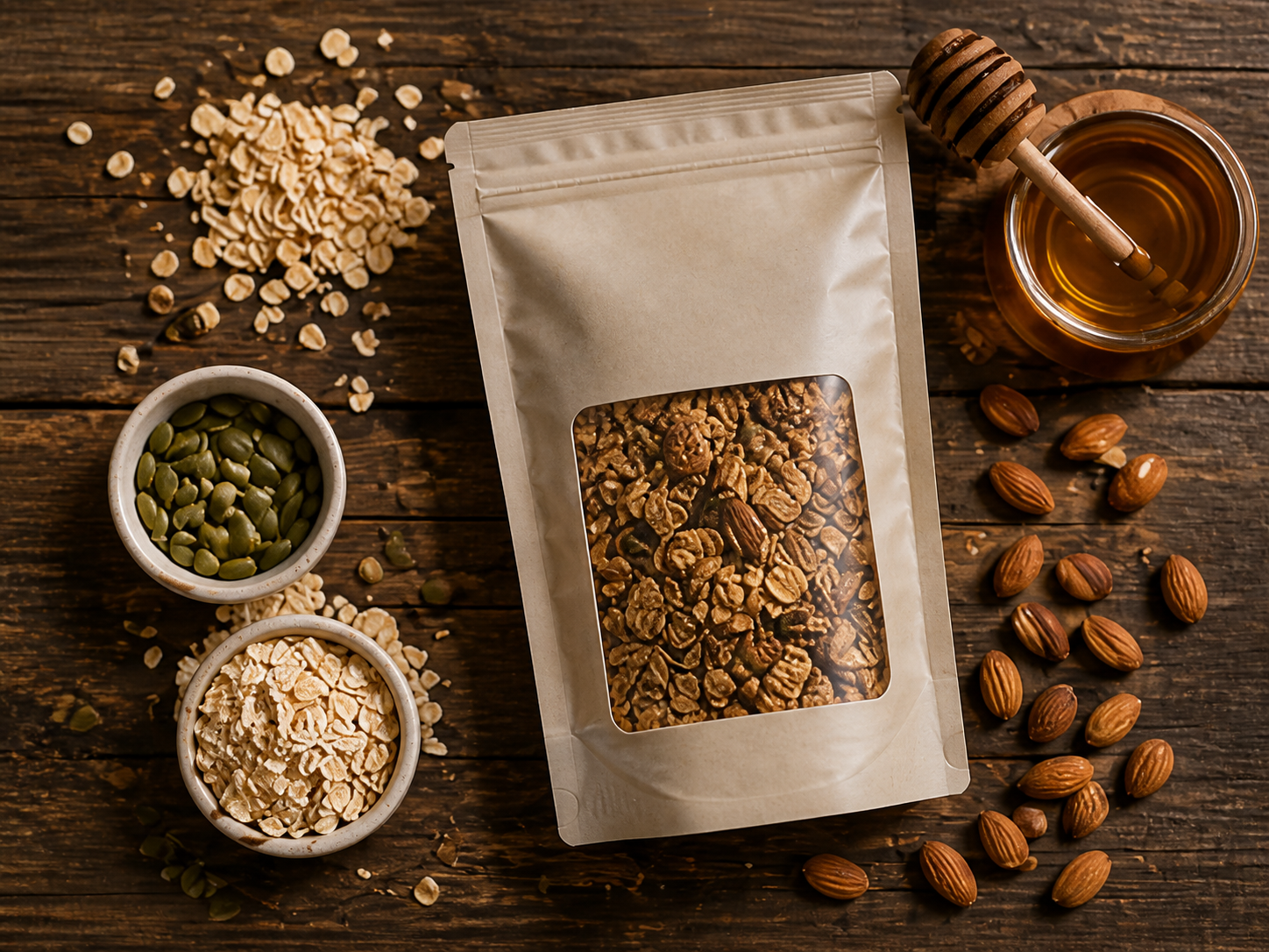 AI packaged food flat lay, granola pouch with natural ingredients