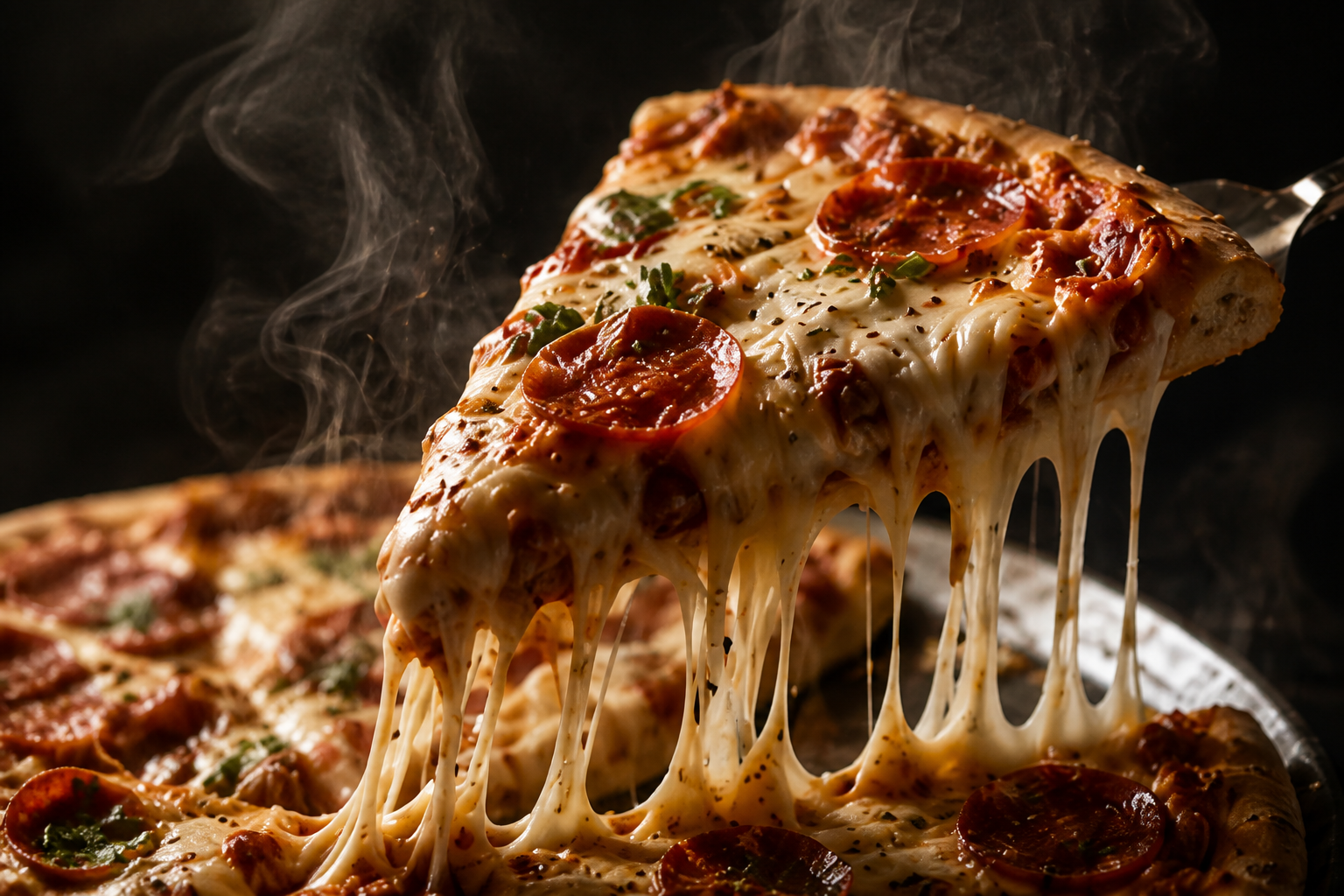 AI cheese pull pizza action shot