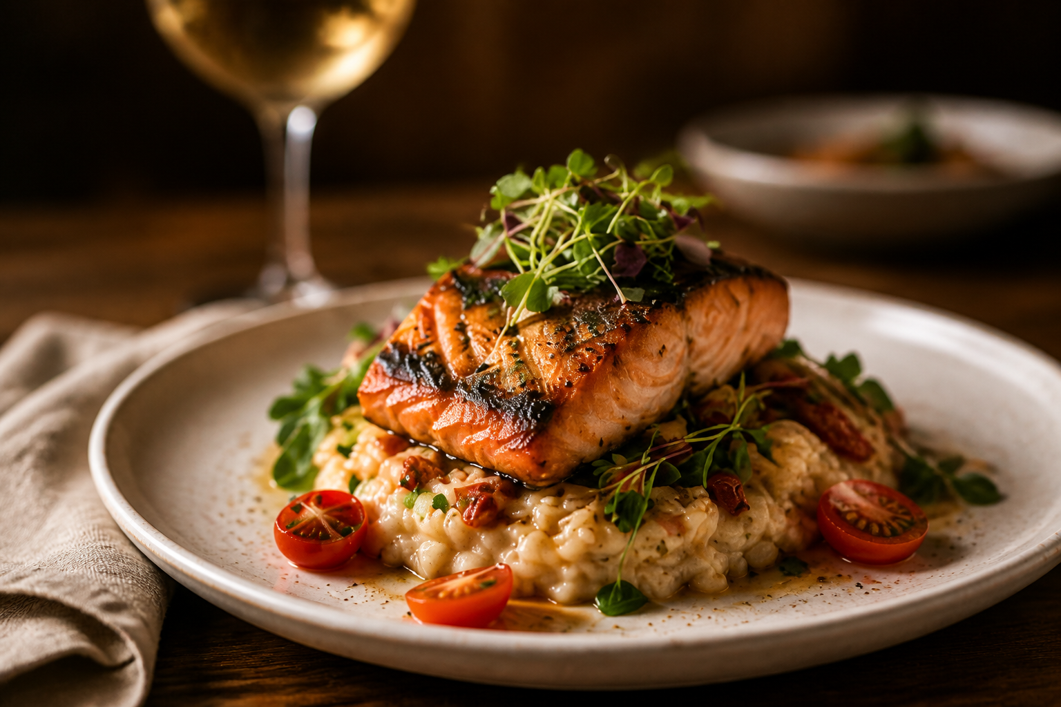 AI plated entrée, restaurant-grade salmon on risotto