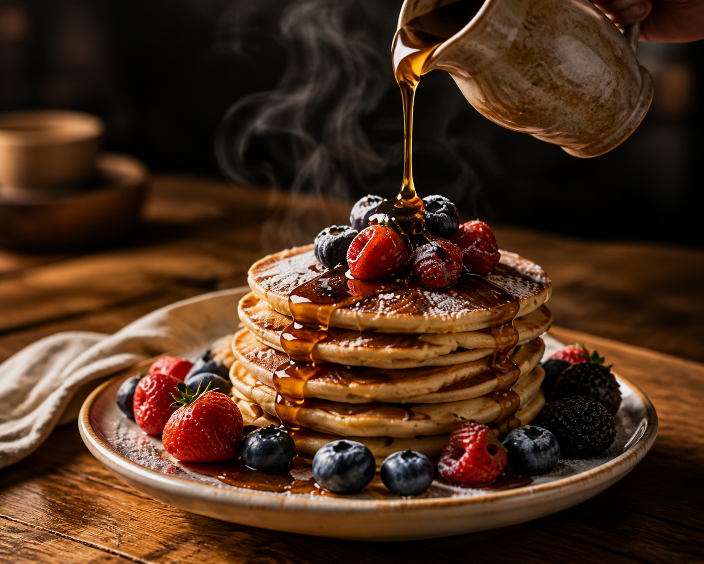 AI action shot, maple syrup being poured on pancakes