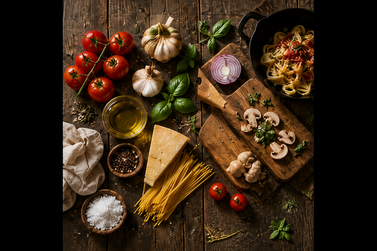 AI ingredients flat lay for pasta dish
