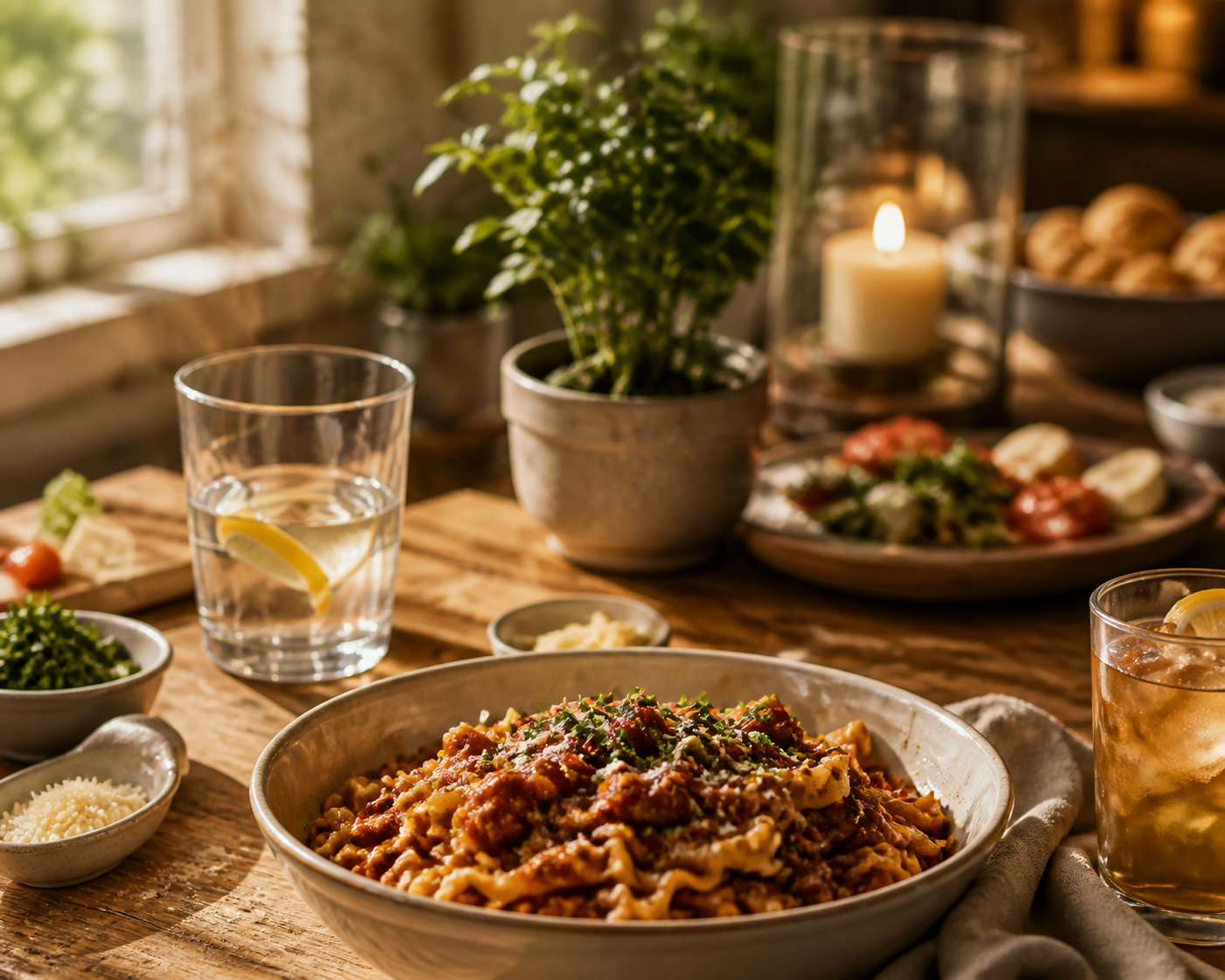 AI lifestyle food shot, pasta on cozy home dining table