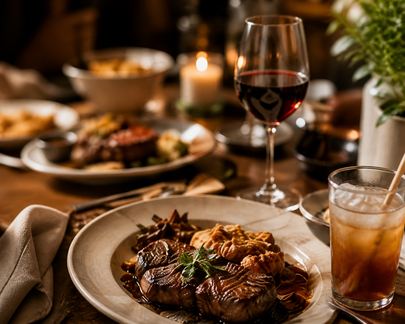 AI moody fine-dining shot, steak with red wine