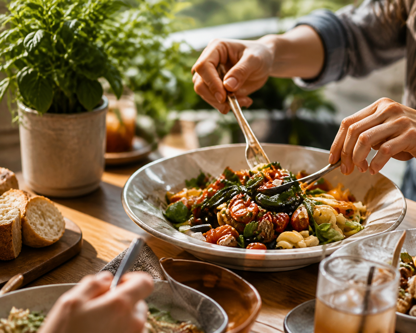 AI social meal lifestyle shot, hands serving salad