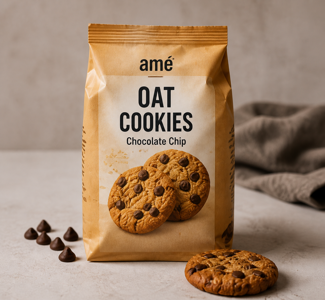 AI product packaging hero, cookies in branded pouch
